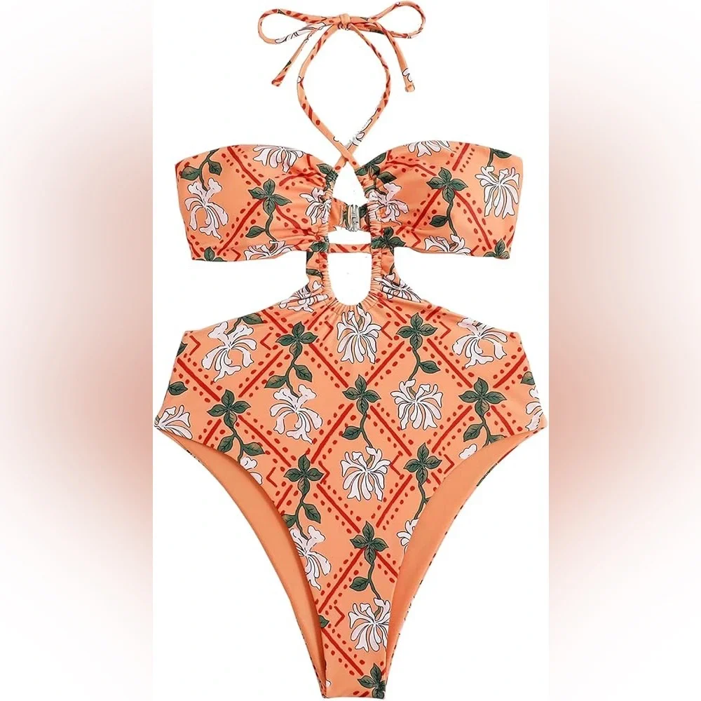 Women’s Moroccan Printed Swimsuit Cheeky Strappy Sarong NWOT Size Large Cover Up - Picture 3 of 13